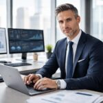 Executivo de negócios confiante trabalhando em um escritório moderno com telas de computador e vista para a cidade.