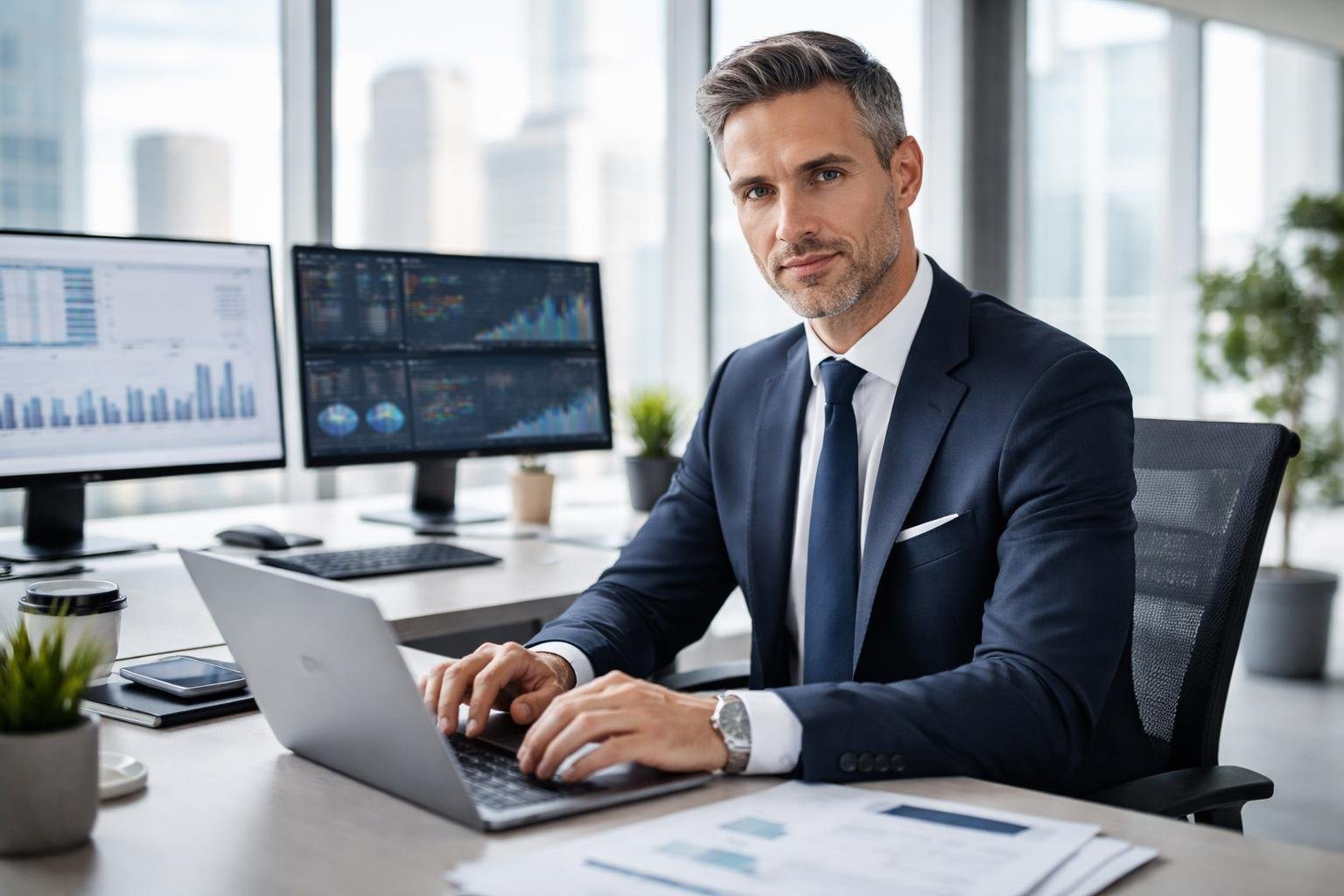 Executivo de negócios confiante trabalhando em um escritório moderno com telas de computador e vista para a cidade.