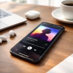 Um smartphone moderno sobre uma mesa de madeira com fones de ouvido sem fio, um laptop e uma xícara de café ao redor.