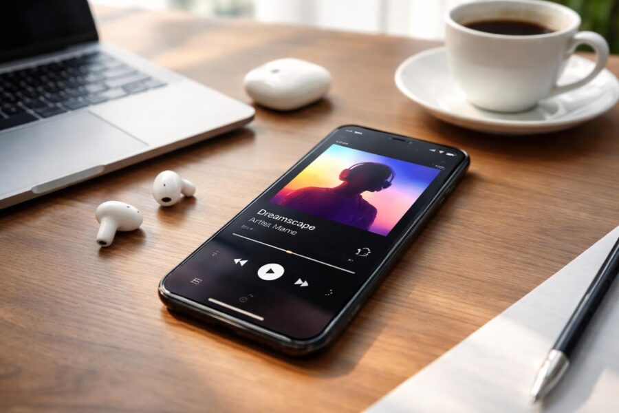 Um smartphone moderno sobre uma mesa de madeira com fones de ouvido sem fio, um laptop e uma xícara de café ao redor.