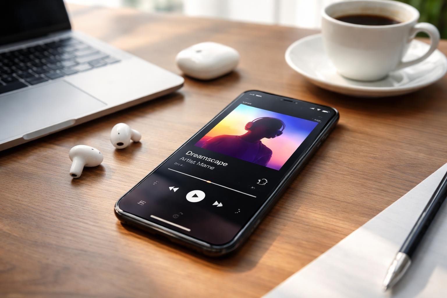 Um smartphone moderno sobre uma mesa de madeira com fones de ouvido sem fio, um laptop e uma xícara de café ao redor.
