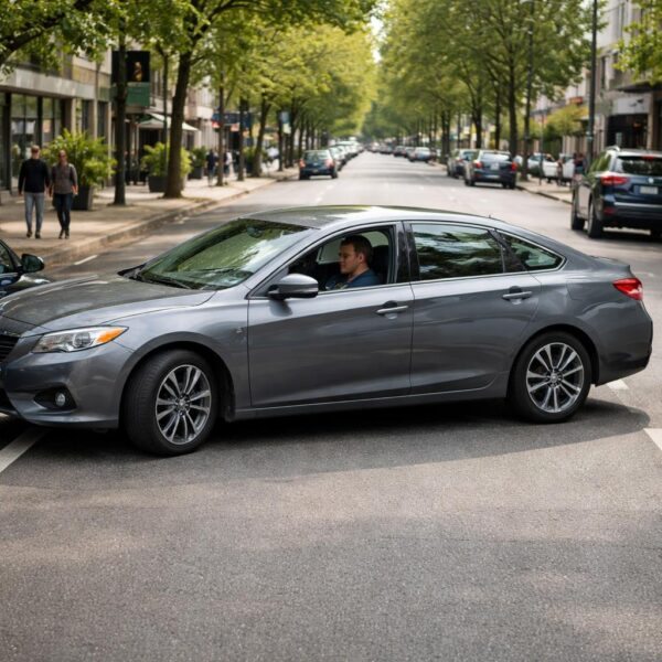 Carro estacionando em paralelo entre dois veículos em uma rua urbana movimentada com pedestres ao redor.