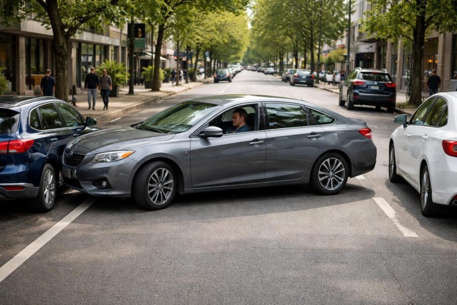 Carro estacionando em paralelo entre dois veículos em uma rua urbana movimentada com pedestres ao redor.