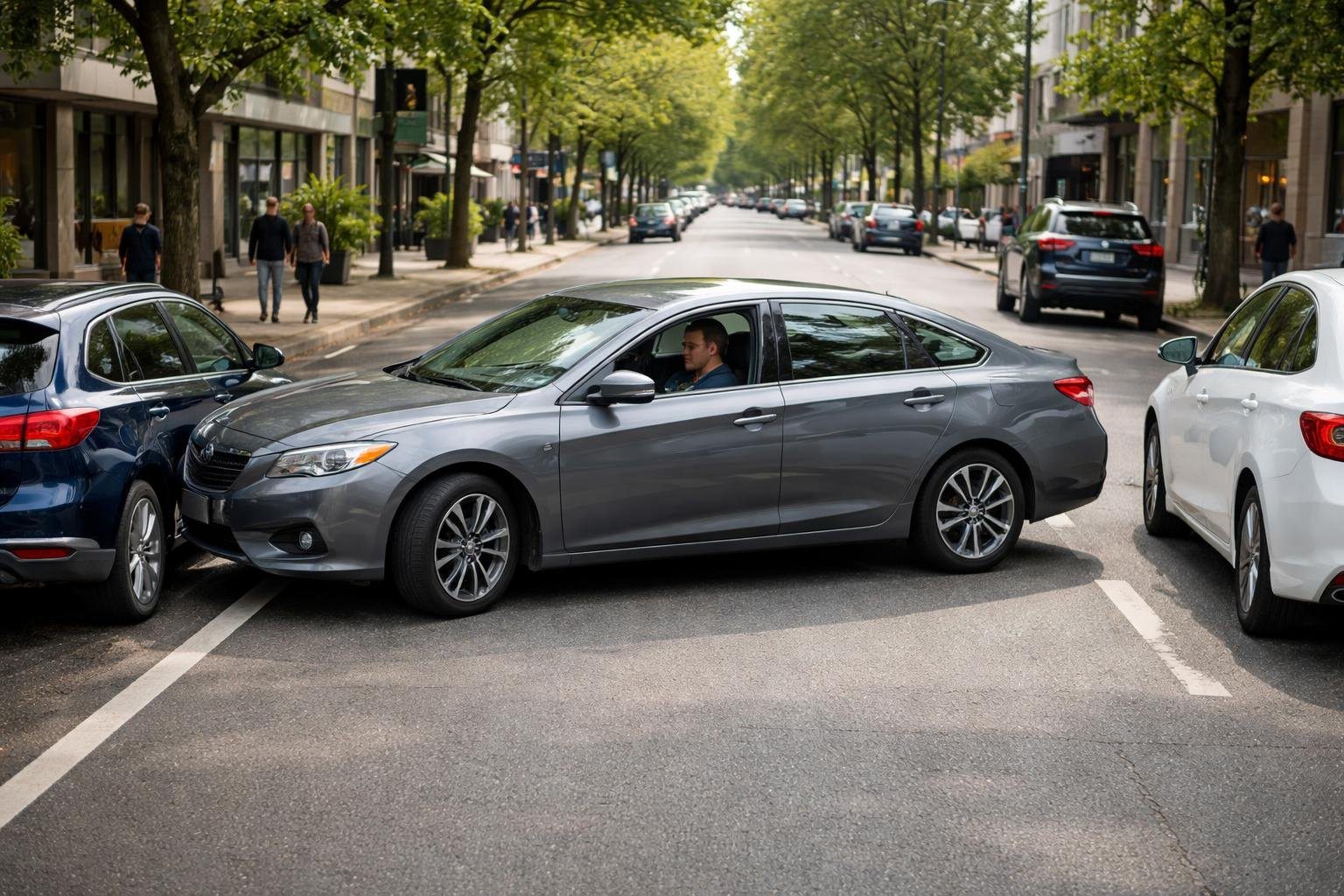 Carro estacionando em paralelo entre dois veículos em uma rua urbana movimentada com pedestres ao redor.