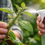 Mãos de jardineiro segurando uma planta com pulgões, enquanto um borrifador aplica solução natural para controle de pragas.