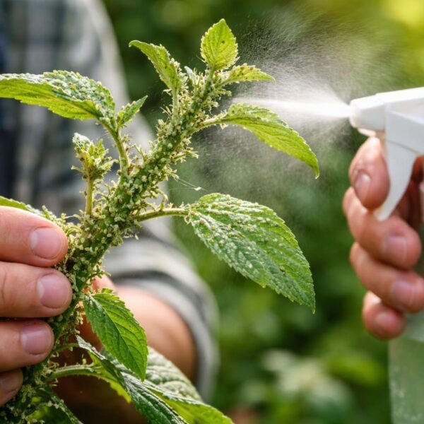 Mãos de jardineiro segurando uma planta com pulgões, enquanto um borrifador aplica solução natural para controle de pragas.
