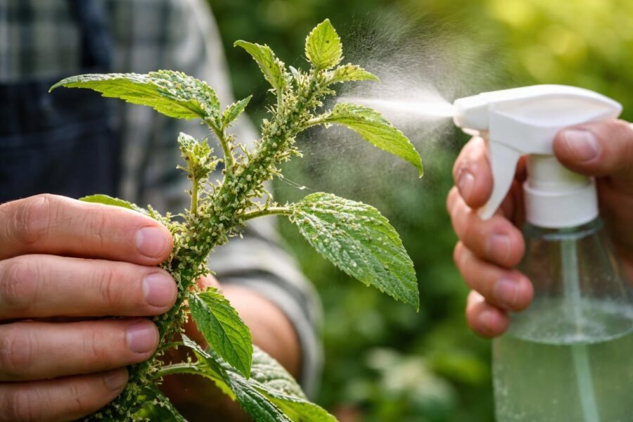 Mãos de jardineiro segurando uma planta com pulgões, enquanto um borrifador aplica solução natural para controle de pragas.