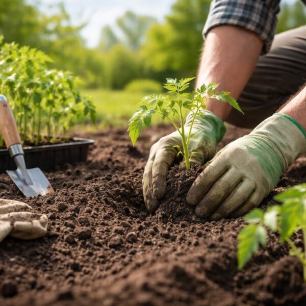 Pessoa plantando mudas de tomate em solo preparado ao ar livre em um dia ensolarado.