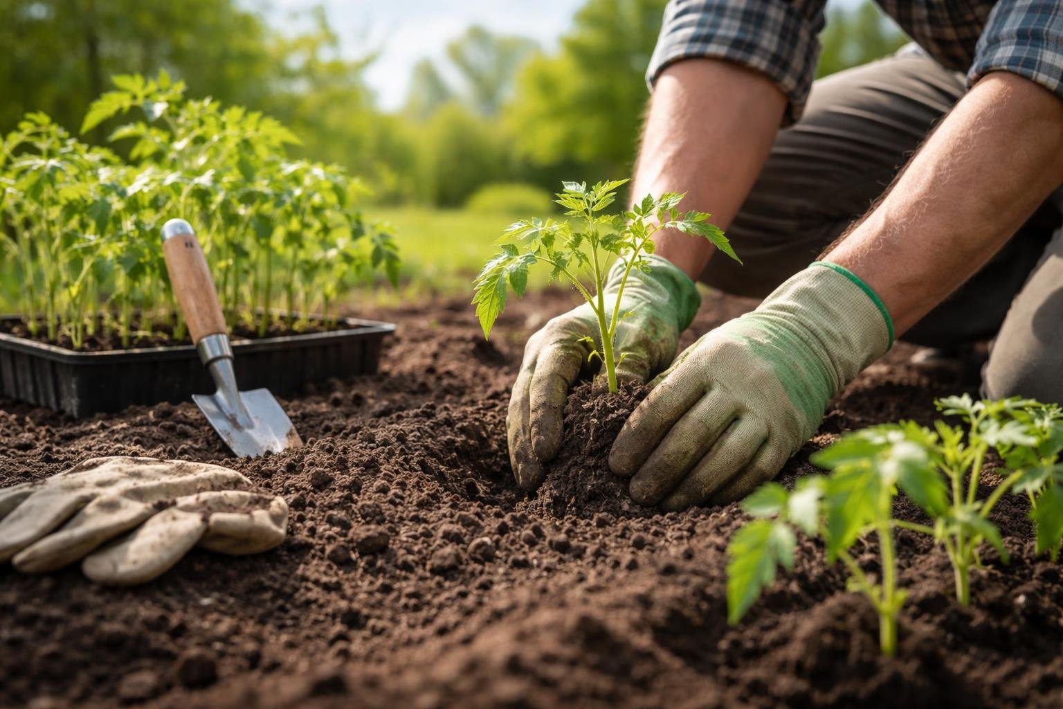 Pessoa plantando mudas de tomate em solo preparado ao ar livre em um dia ensolarado.