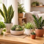 Vários vasos com plantas fáceis de cuidar em uma mesa perto de uma janela iluminada, em um canto aconchegante de sala.