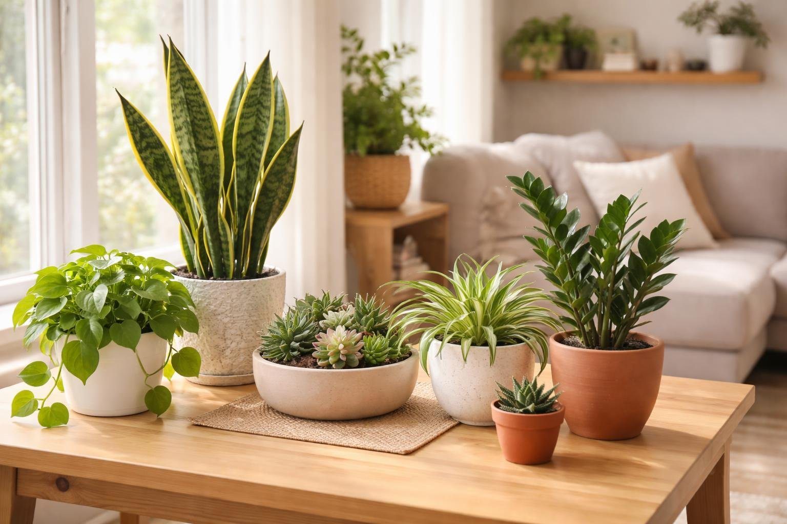 Vários vasos com plantas fáceis de cuidar em uma mesa perto de uma janela iluminada, em um canto aconchegante de sala.
