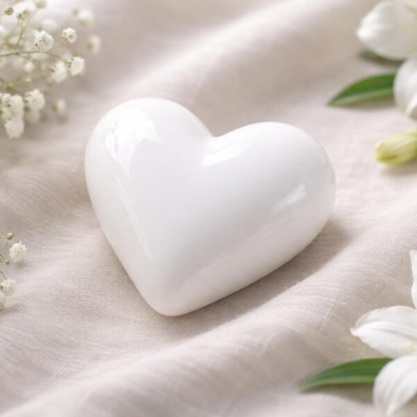 Coração branco em close sobre tecido claro com flores brancas e folhas verdes ao redor.