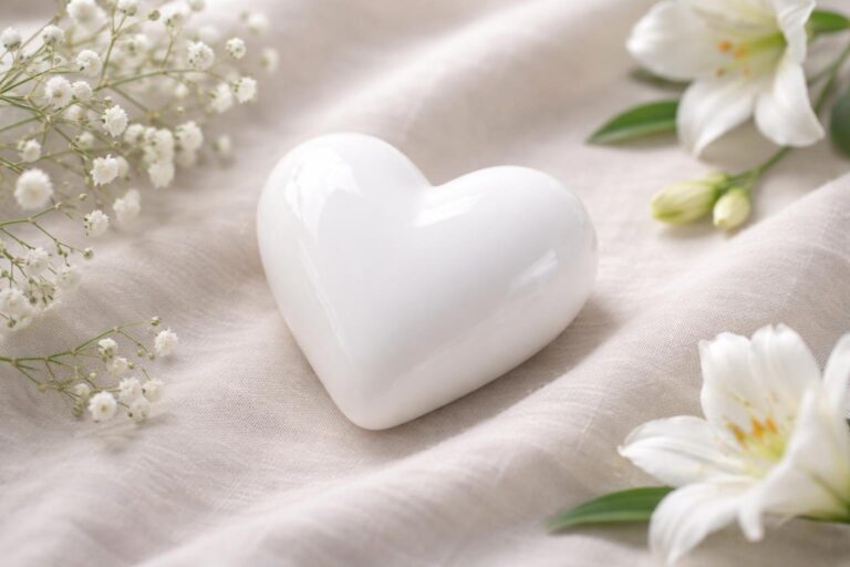 Coração branco em close sobre tecido claro com flores brancas e folhas verdes ao redor.