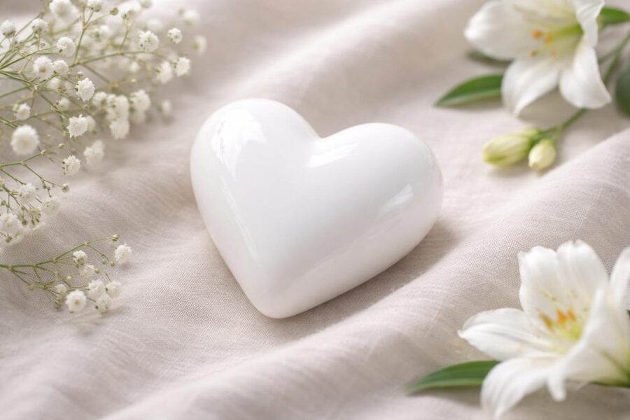 Coração branco em close sobre tecido claro com flores brancas e folhas verdes ao redor.