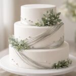 Bolo branco decorado com detalhes prateados e verdes sobre um suporte branco, em fundo neutro desfocado.