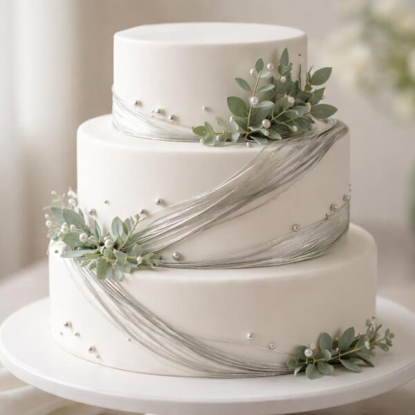 Bolo branco decorado com detalhes prateados e verdes sobre um suporte branco, em fundo neutro desfocado.