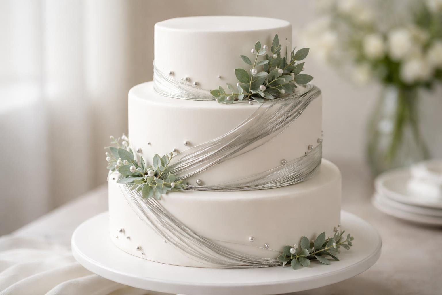 Bolo branco decorado com detalhes prateados e verdes sobre um suporte branco, em fundo neutro desfocado.