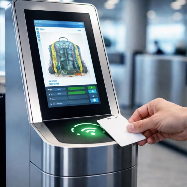 Dispositivo moderno de scanner de segurança sendo usado para verificar um cartão de identificação.