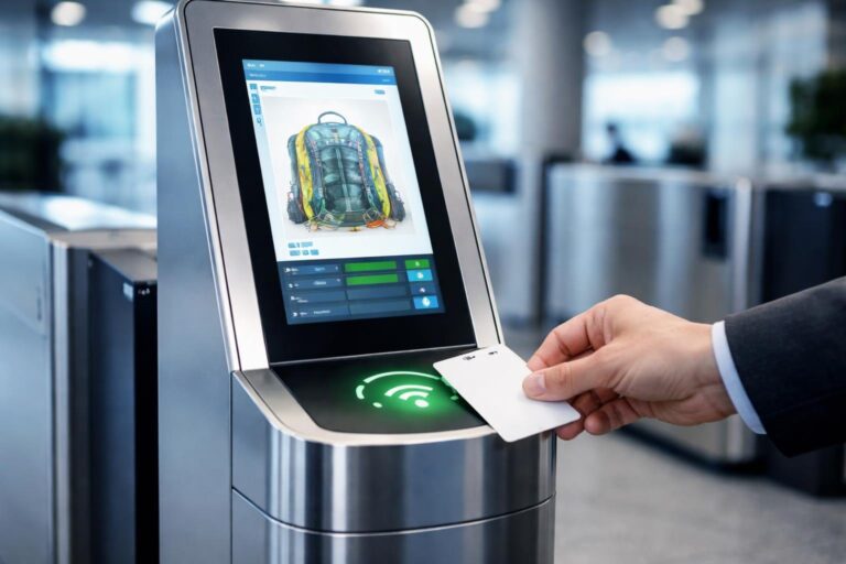 Dispositivo moderno de scanner de segurança sendo usado para verificar um cartão de identificação.