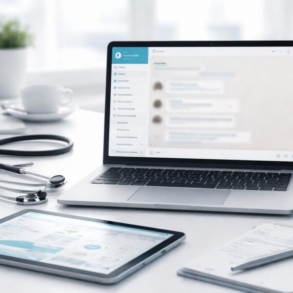 Mesa de trabalho moderna com laptop aberto na interface do WhatsApp Web, acompanhado de estetoscópio e tablet com gráficos médicos.