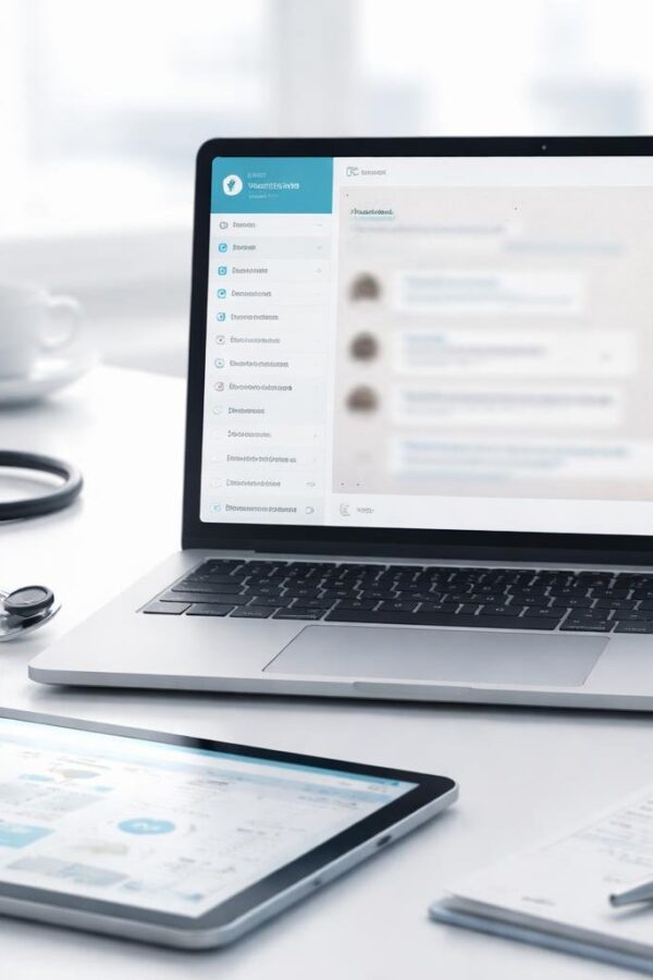 Mesa de trabalho moderna com laptop aberto na interface do WhatsApp Web, acompanhado de estetoscópio e tablet com gráficos médicos.