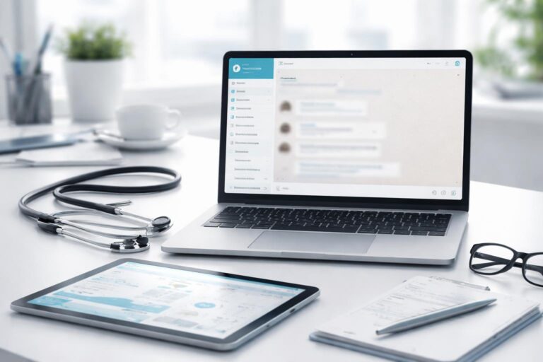 Mesa de trabalho moderna com laptop aberto na interface do WhatsApp Web, acompanhado de estetoscópio e tablet com gráficos médicos.