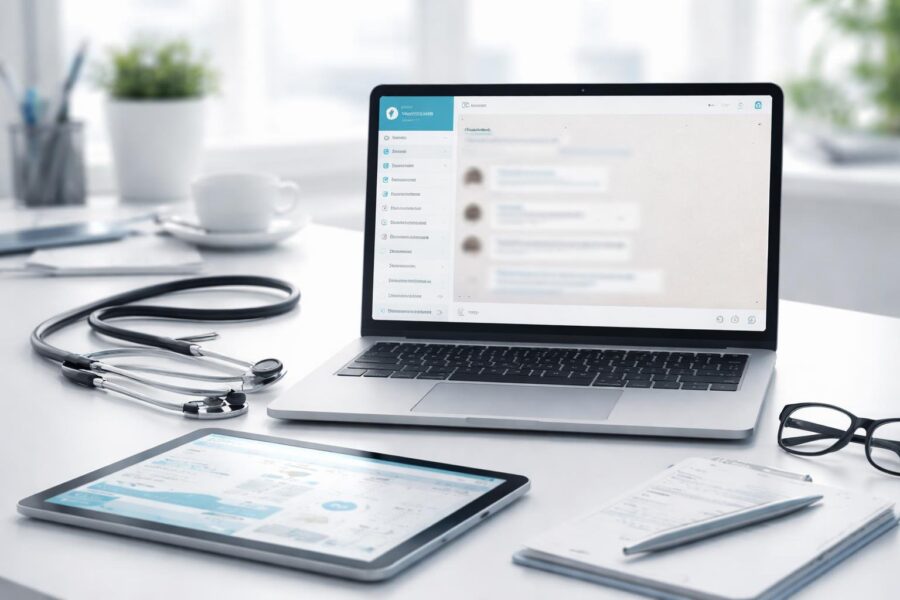 Mesa de trabalho moderna com laptop aberto na interface do WhatsApp Web, acompanhado de estetoscópio e tablet com gráficos médicos.