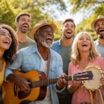 Grupo diverso de pessoas cantando e sorrindo juntas em um parque ensolarado.