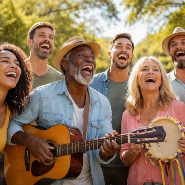 Grupo diverso de pessoas cantando e sorrindo juntas em um parque ensolarado.