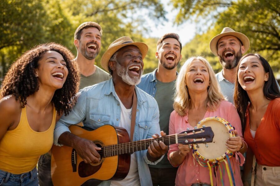 Grupo diverso de pessoas cantando e sorrindo juntas em um parque ensolarado.