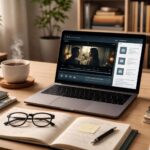 Um escritório doméstico moderno com uma mesa, um laptop aberto mostrando um vídeo pausado, uma xícara de chá com vapor, anotações e uma estante de livros ao fundo.