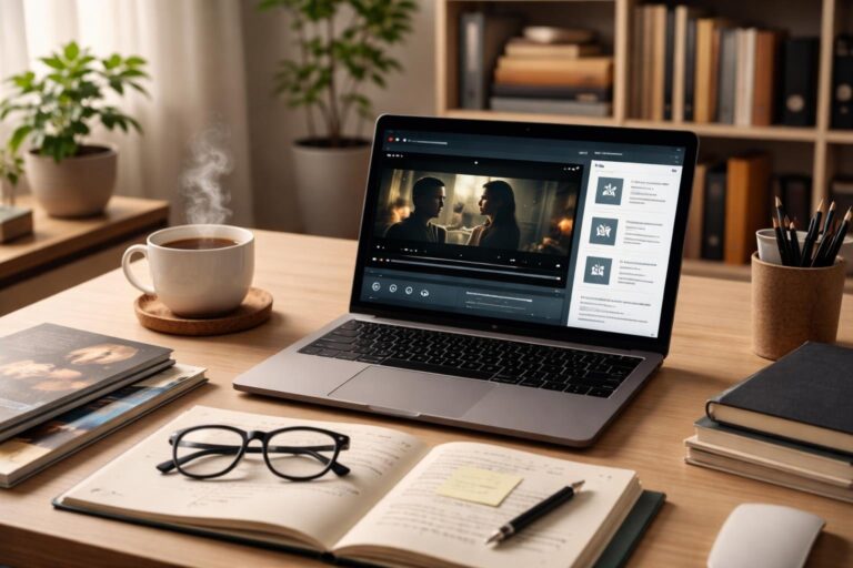 Um escritório doméstico moderno com uma mesa, um laptop aberto mostrando um vídeo pausado, uma xícara de chá com vapor, anotações e uma estante de livros ao fundo.