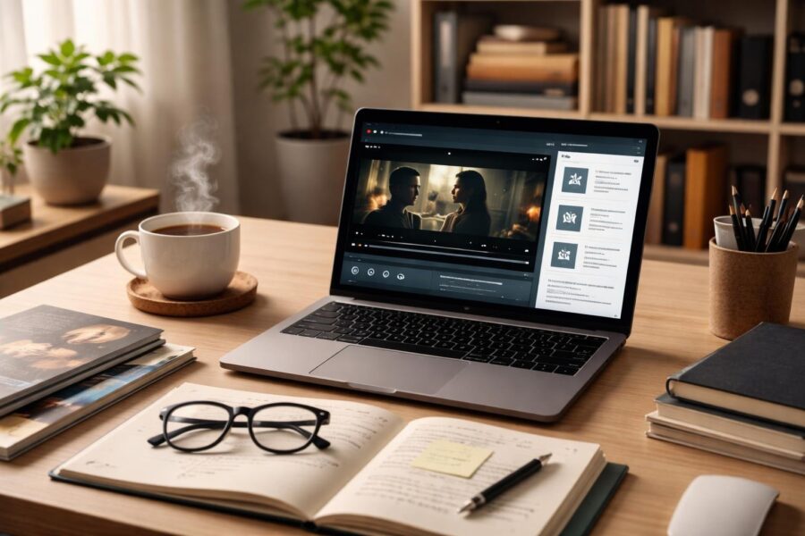 Um escritório doméstico moderno com uma mesa, um laptop aberto mostrando um vídeo pausado, uma xícara de chá com vapor, anotações e uma estante de livros ao fundo.