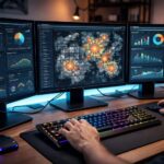 Mesa de trabalho moderna com computador mostrando gráficos e estatísticas de jogo, mãos usando teclado e mouse.