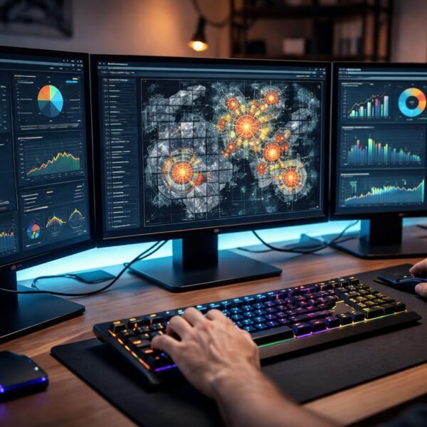 Mesa de trabalho moderna com computador mostrando gráficos e estatísticas de jogo, mãos usando teclado e mouse.