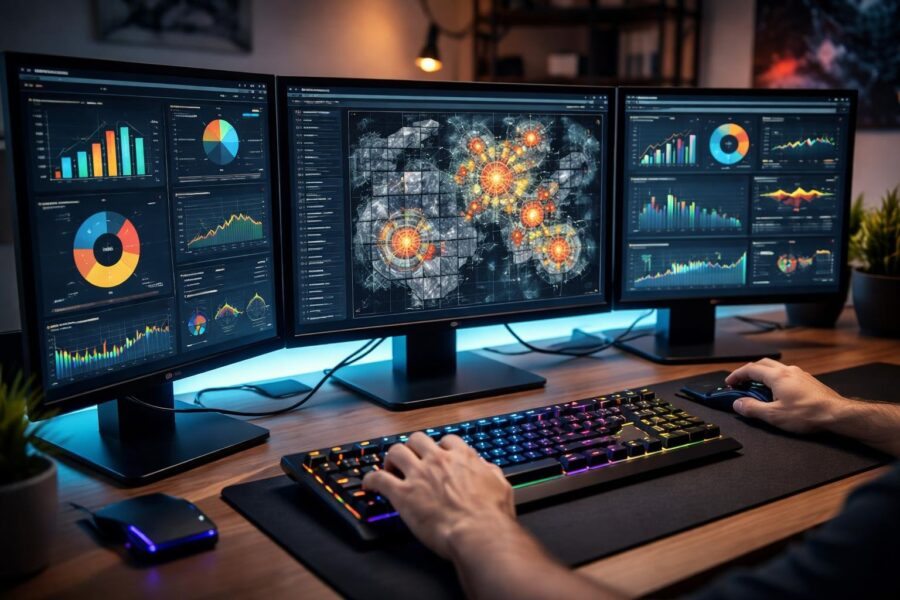 Mesa de trabalho moderna com computador mostrando gráficos e estatísticas de jogo, mãos usando teclado e mouse.