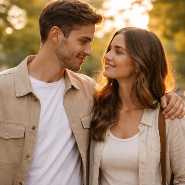 Um casal jovem sorrindo e olhando um para o outro em um parque urbano durante o pôr do sol.