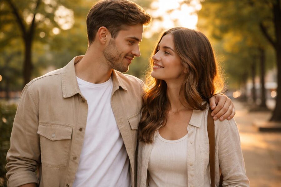 Um casal jovem sorrindo e olhando um para o outro em um parque urbano durante o pôr do sol.