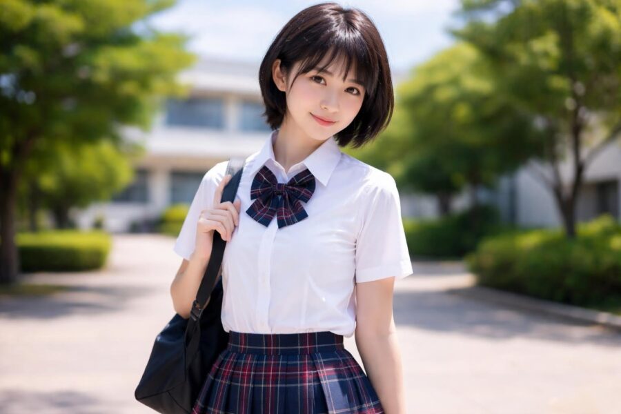 Uma jovem mulher com cabelo curto e uniforme escolar, sorrindo de forma confiante em um ambiente externo ensolarado.