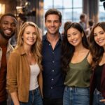 Grupo diversificado de atores em um set de filmagem, sorrindo e interagindo, com equipamentos de filmagem ao fundo.
