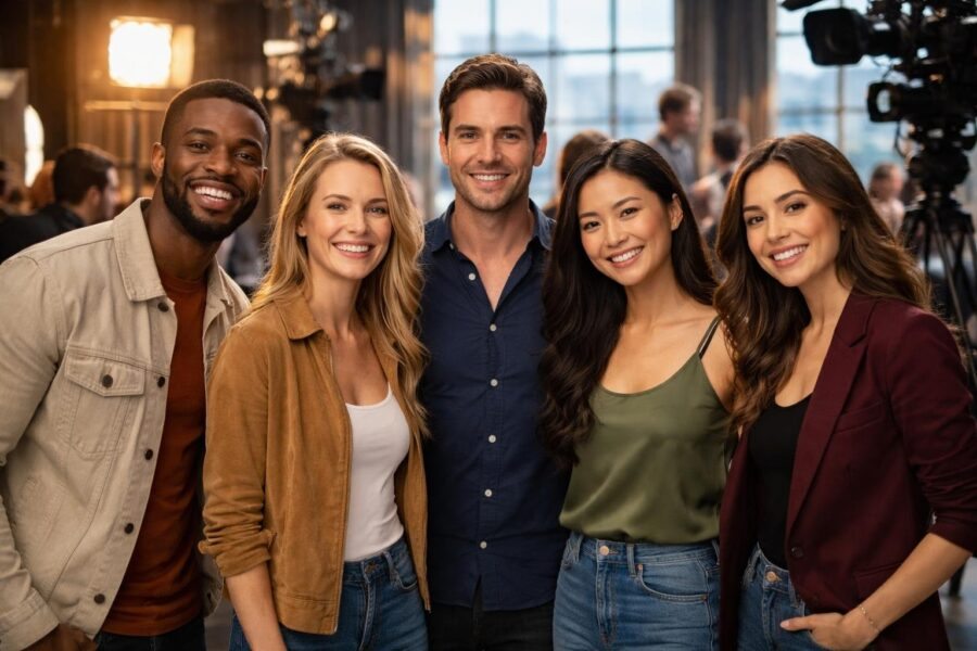 Grupo diversificado de atores em um set de filmagem, sorrindo e interagindo, com equipamentos de filmagem ao fundo.