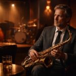 Homem sentado sozinho em um clube de jazz, segurando um saxofone, com expressão pensativa e instrumentos de jazz ao fundo.