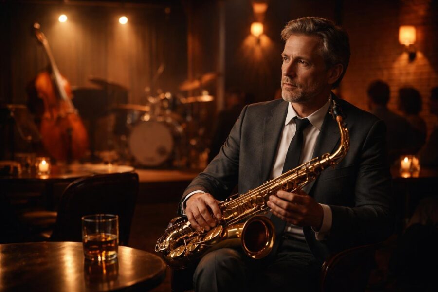 Homem sentado sozinho em um clube de jazz, segurando um saxofone, com expressão pensativa e instrumentos de jazz ao fundo.
