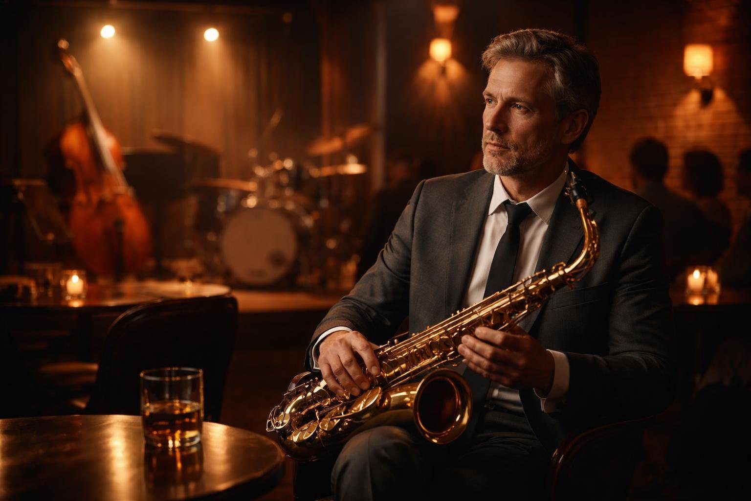 Homem sentado sozinho em um clube de jazz, segurando um saxofone, com expressão pensativa e instrumentos de jazz ao fundo.