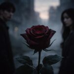 Uma rosa vermelha escura com pétalas ligeiramente murchas em primeiro plano, com duas pessoas ao fundo em uma cena urbana ao entardecer.