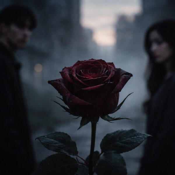 Uma rosa vermelha escura com pétalas ligeiramente murchas em primeiro plano, com duas pessoas ao fundo em uma cena urbana ao entardecer.