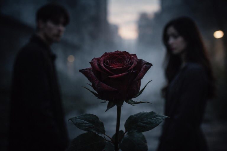 Uma rosa vermelha escura com pétalas ligeiramente murchas em primeiro plano, com duas pessoas ao fundo em uma cena urbana ao entardecer.