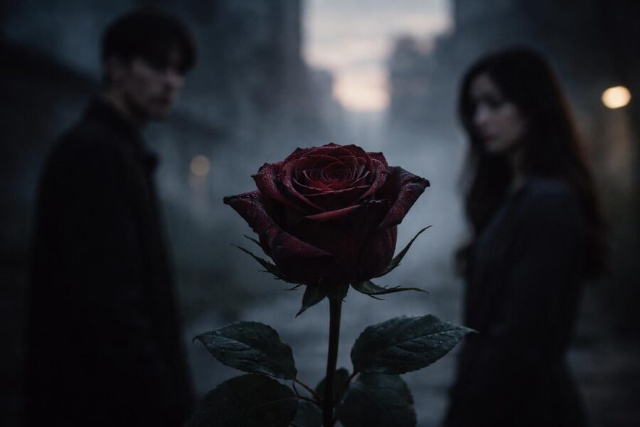 Uma rosa vermelha escura com pétalas ligeiramente murchas em primeiro plano, com duas pessoas ao fundo em uma cena urbana ao entardecer.