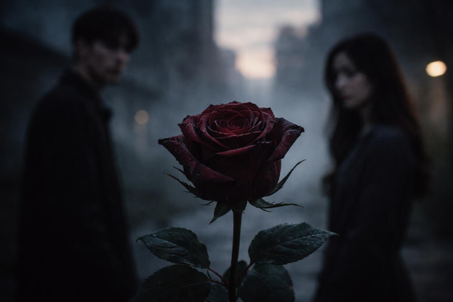 Uma rosa vermelha escura com pétalas ligeiramente murchas em primeiro plano, com duas pessoas ao fundo em uma cena urbana ao entardecer.