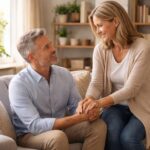 Um casal de meia-idade em uma sala de estar aconchegante, o homem sentado no sofá e a mulher segurando sua mão com um sorriso, transmitindo confiança e compromisso.
